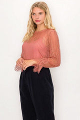 Lace Trim Shadow Stripe Bodysuit - Fit Me For 20