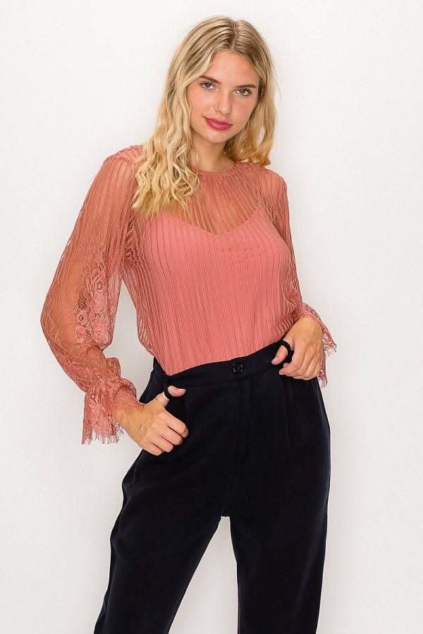 Lace Trim Shadow Stripe Bodysuit - Fit Me For 20
