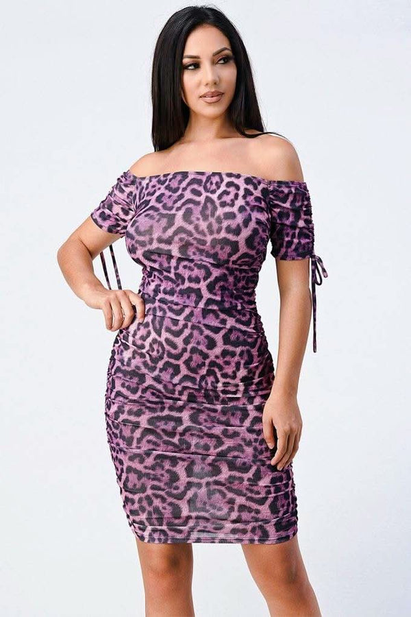 Leopard Print Off Shoulder Shirring Bodycon Dress - Fit Me For 20