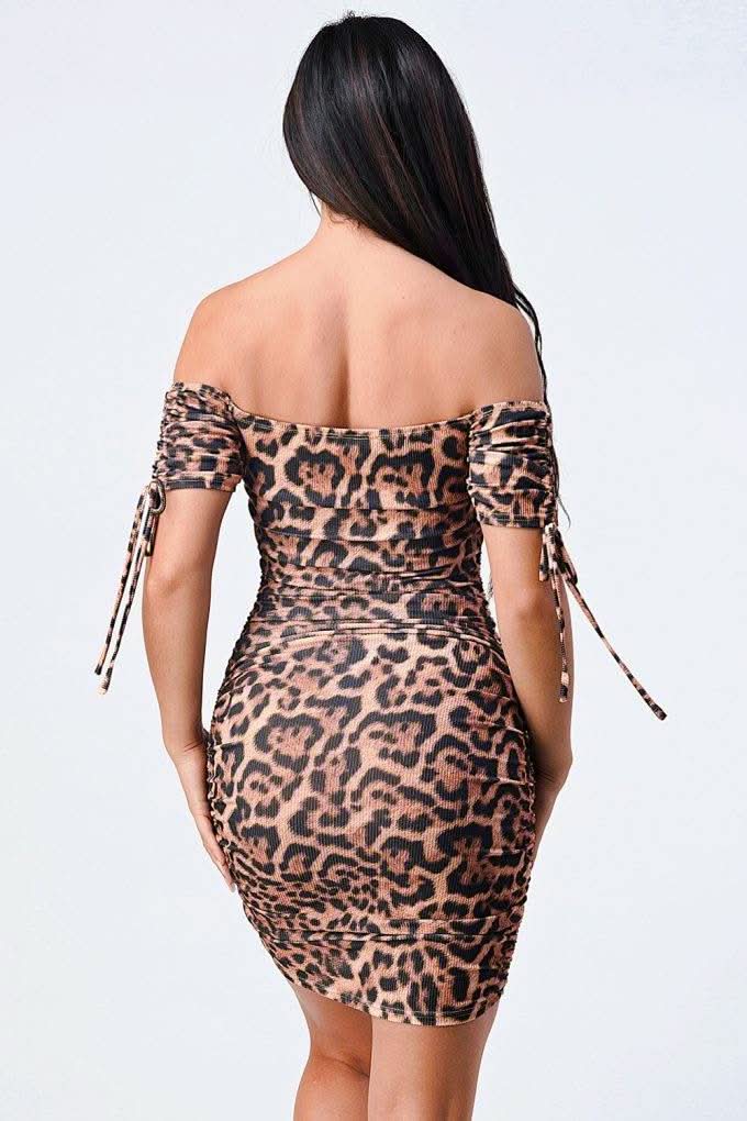 Leopard Print Off Shoulder Shirring Bodycon Dress - Fit Me For 20
