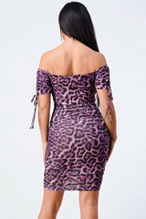 Leopard Print Off Shoulder Shirring Bodycon Dress - Fit Me For 20