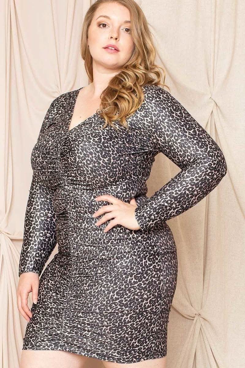 Leopard Print Shirring Plus Size Mini Dress - Fit Me For 20