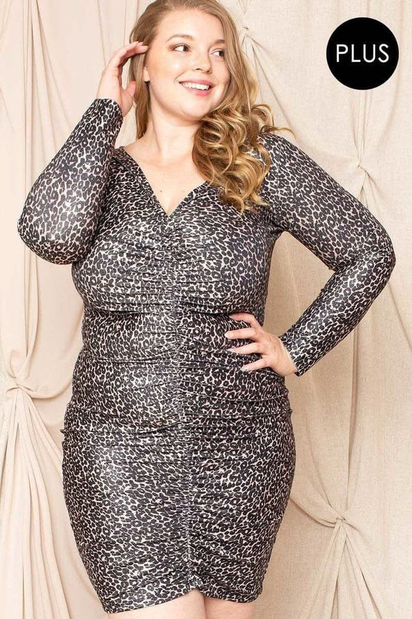 Leopard Print Shirring Plus Size Mini Dress - Fit Me For 20