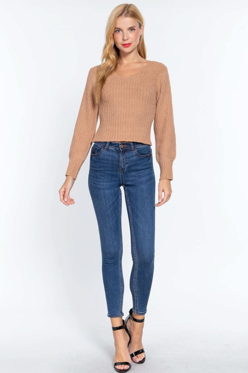 Long Puff Slv V-neck Rib Sweater - Fit Me For 20