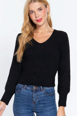 Long Puff Slv V-neck Rib Sweater - Fit Me For 20