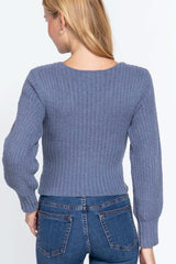 Long Puff Slv V-neck Rib Sweater - Fit Me For 20