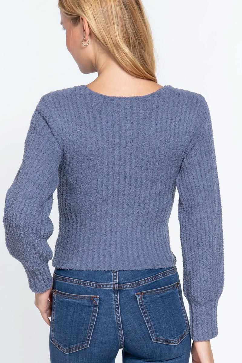Long Puff Slv V-neck Rib Sweater - Fit Me For 20