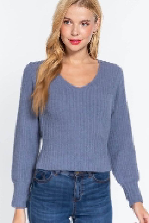 Long Puff Slv V-neck Rib Sweater - Fit Me For 20
