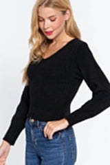 Long Puff Slv V-neck Rib Sweater - Fit Me For 20