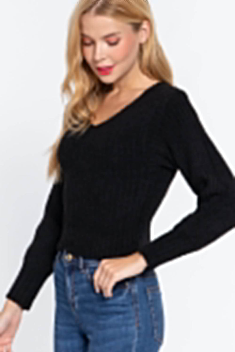 Long Puff Slv V-neck Rib Sweater - Fit Me For 20