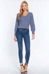 Long Puff Slv V-neck Rib Sweater - Fit Me For 20