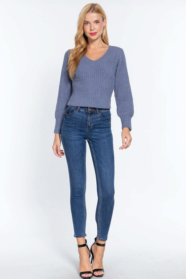Long Puff Slv V-neck Rib Sweater - Fit Me For 20
