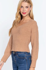 Long Puff Slv V-neck Rib Sweater - Fit Me For 20