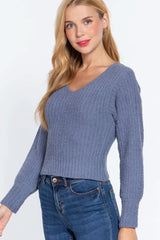 Long Puff Slv V-neck Rib Sweater - Fit Me For 20