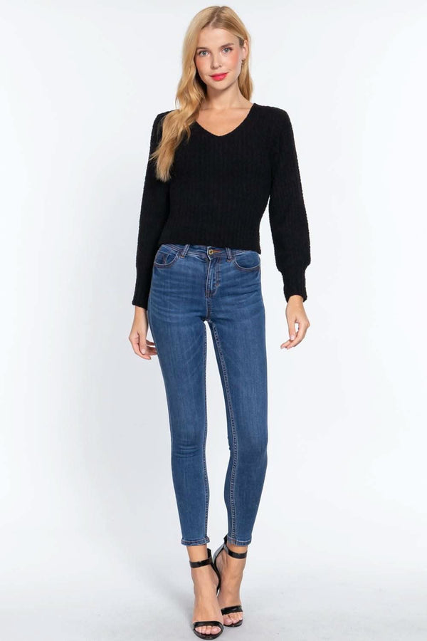 Long Puff Slv V-neck Rib Sweater - Fit Me For 20