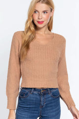 Long Puff Slv V-neck Rib Sweater - Fit Me For 20