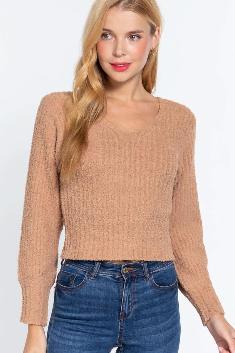 Long Puff Slv V-neck Rib Sweater - Fit Me For 20