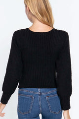 Long Puff Slv V-neck Rib Sweater - Fit Me For 20
