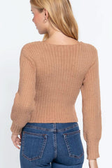 Long Puff Slv V-neck Rib Sweater - Fit Me For 20