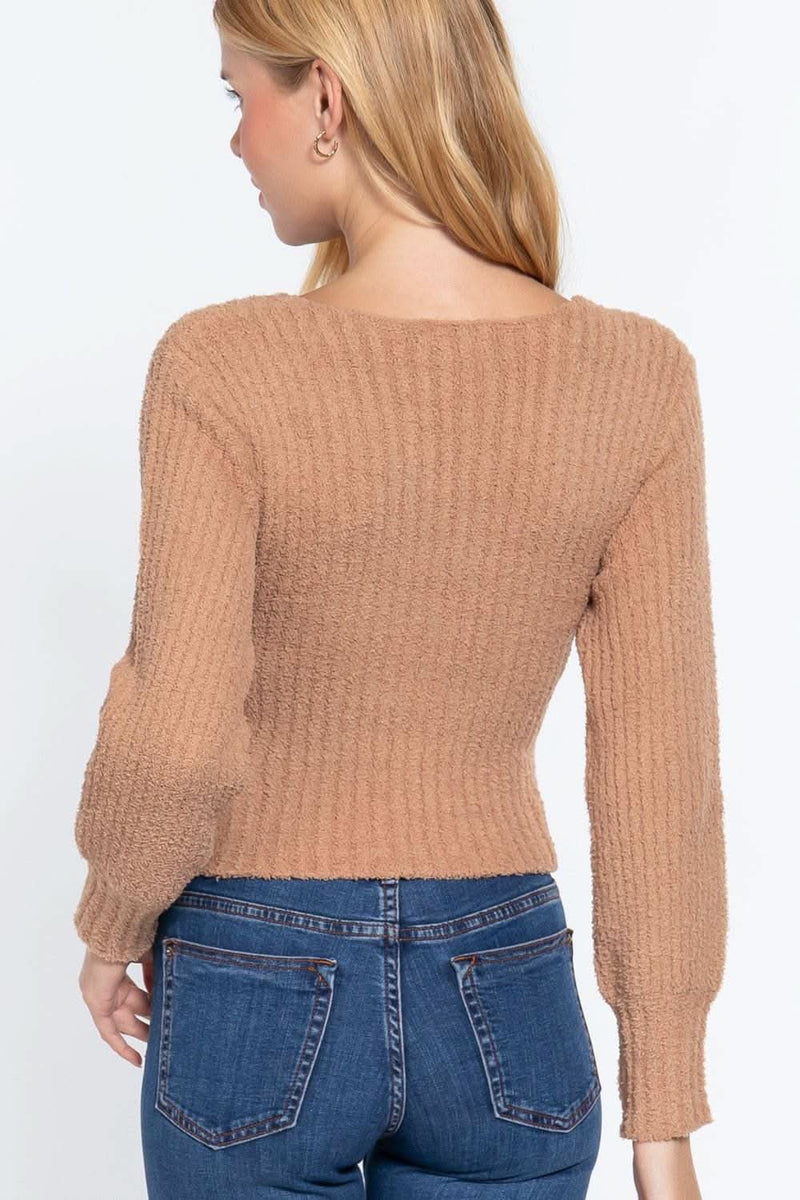 Long Puff Slv V-neck Rib Sweater - Fit Me For 20