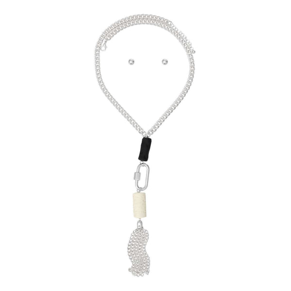 Long Silver Chain Carabiner Black Tassel Necklace - Fit Me For 20