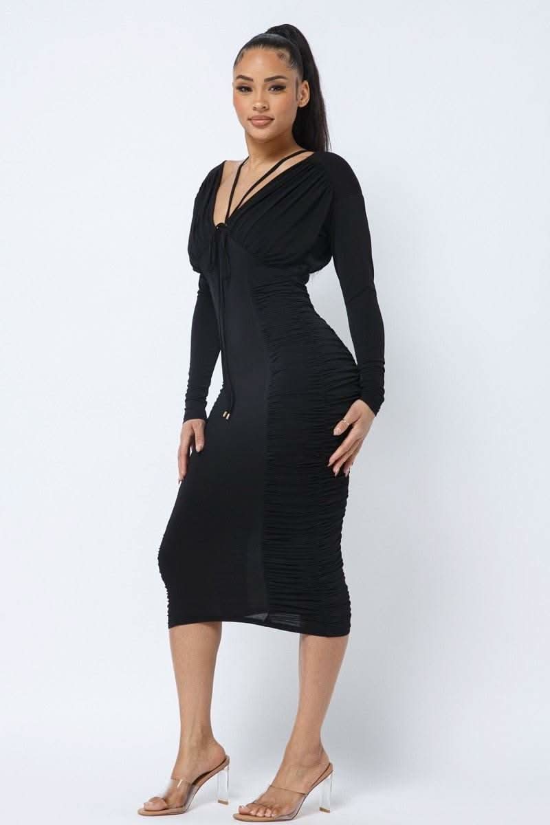 Long Sleeve Midi Dress With Low V Neck Front And Back With Ruching On Sides And Chest - Fit Me For 20