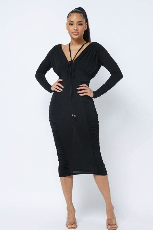 Long Sleeve Midi Dress With Low V Neck Front And Back With Ruching On Sides And Chest - Fit Me For 20
