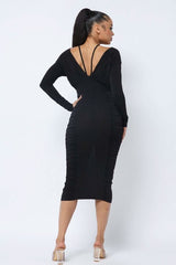 Long Sleeve Midi Dress With Low V Neck Front And Back With Ruching On Sides And Chest - Fit Me For 20