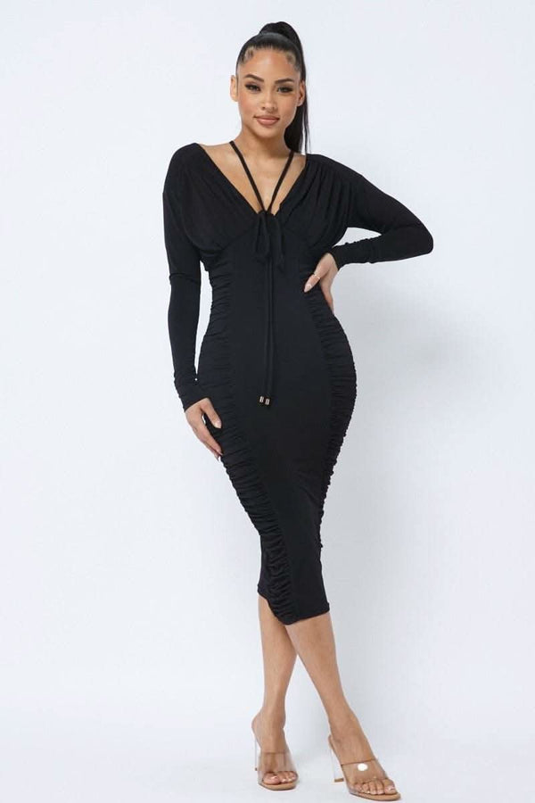 Long Sleeve Midi Dress With Low V Neck Front And Back With Ruching On Sides And Chest - Fit Me For 20