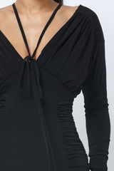 Long Sleeve Midi Dress With Low V Neck Front And Back With Ruching On Sides And Chest - Fit Me For 20