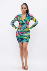 Long Sleeve Printed V-neck Dress - Fit Me For 20