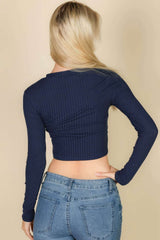 Long Sleeve Round Neck Basic Crop Top - Fit Me For 20