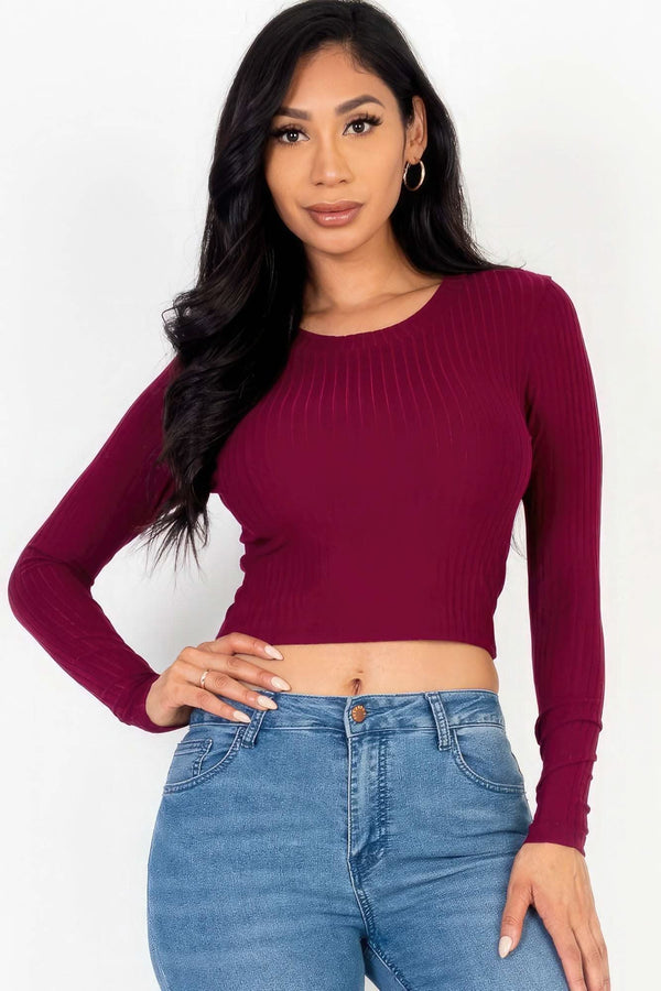 Long Sleeve Round Neck Basic Crop Top - Fit Me For 20