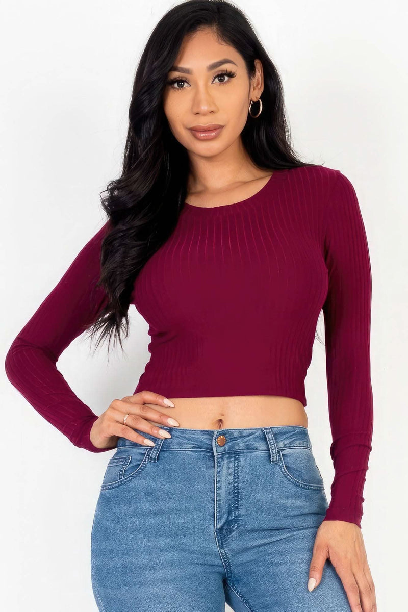 Long Sleeve Round Neck Basic Crop Top - Fit Me For 20