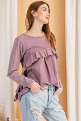 Long Sleeve Ruffled Detailing Oil Washed Knit Tunic - Fit Me For 20
