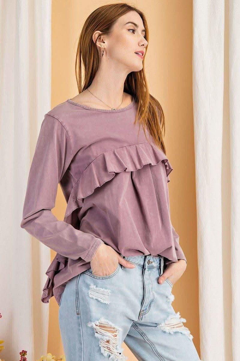 Long Sleeve Ruffled Detailing Oil Washed Knit Tunic - Fit Me For 20