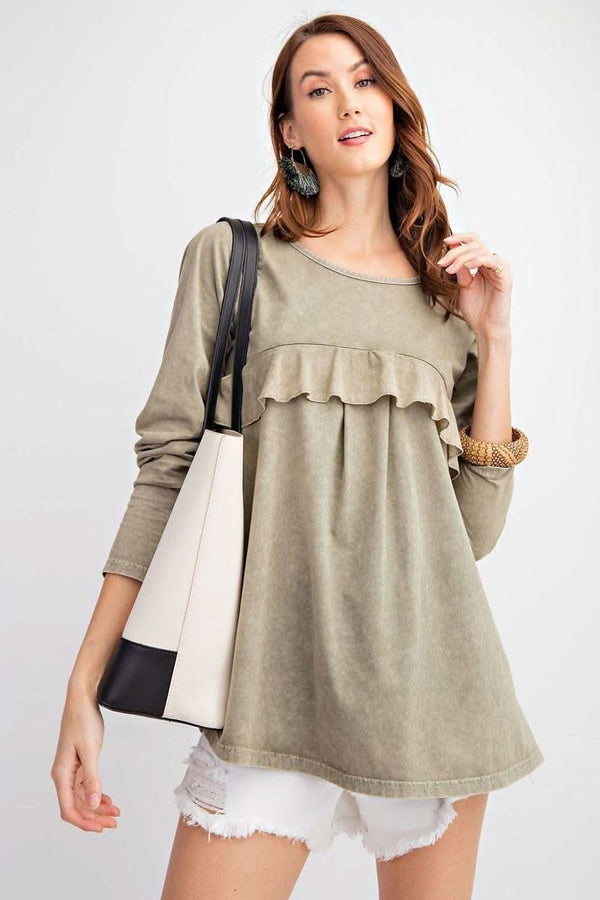 Long Sleeve Ruffled Detailing Oil Washed Knit Tunic - Fit Me For 20