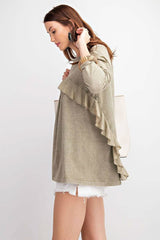 Long Sleeve Ruffled Detailing Oil Washed Knit Tunic - Fit Me For 20