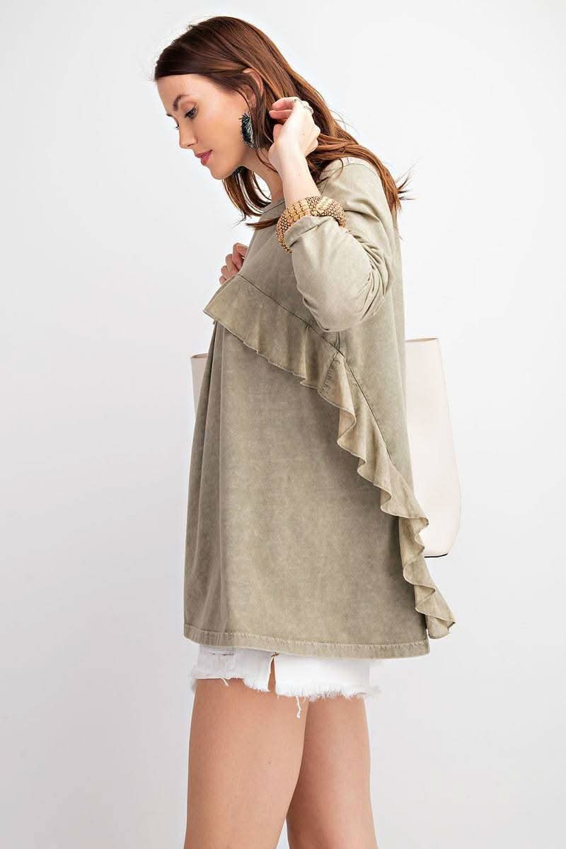 Long Sleeve Ruffled Detailing Oil Washed Knit Tunic - Fit Me For 20