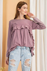Long Sleeve Ruffled Detailing Oil Washed Knit Tunic - Fit Me For 20
