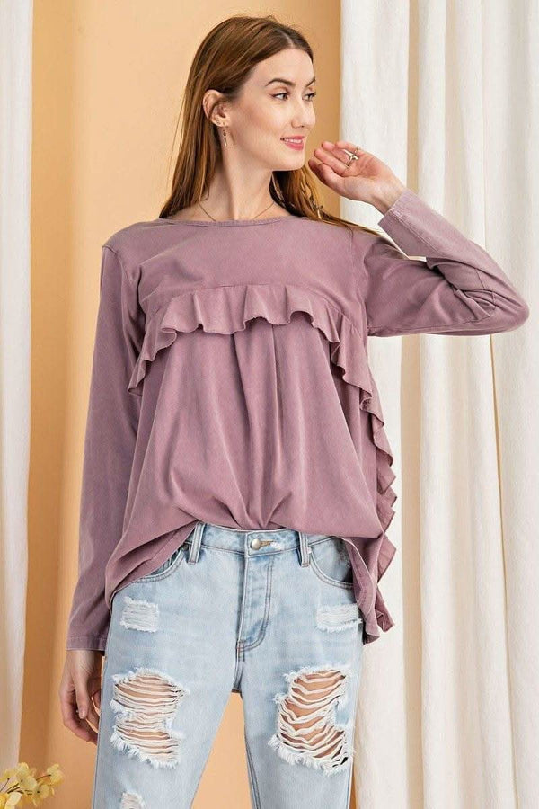 Long Sleeve Ruffled Detailing Oil Washed Knit Tunic - Fit Me For 20