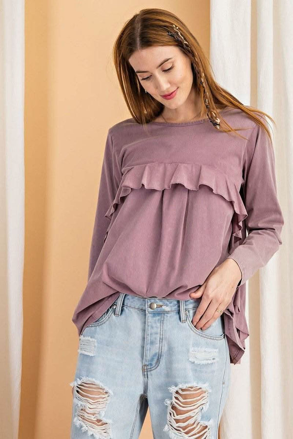 Long Sleeve Ruffled Detailing Oil Washed Knit Tunic - Fit Me For 20