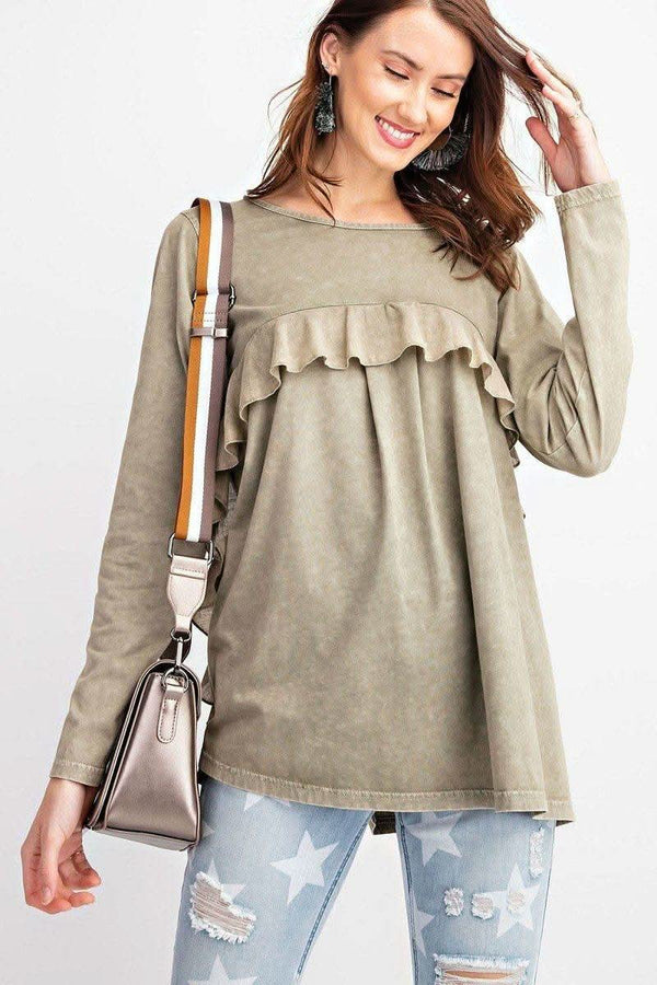Long Sleeve Ruffled Detailing Oil Washed Knit Tunic - Fit Me For 20
