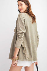 Long Sleeve Ruffled Detailing Oil Washed Knit Tunic - Fit Me For 20