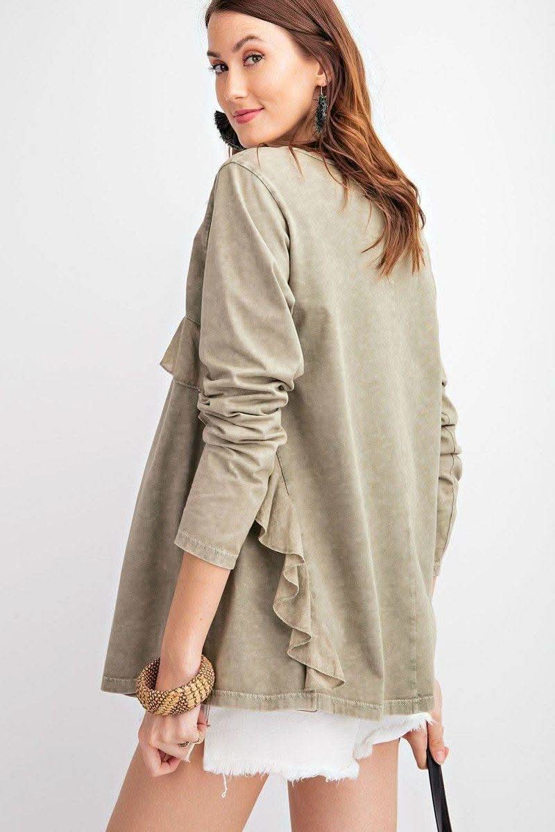 Long Sleeve Ruffled Detailing Oil Washed Knit Tunic - Fit Me For 20