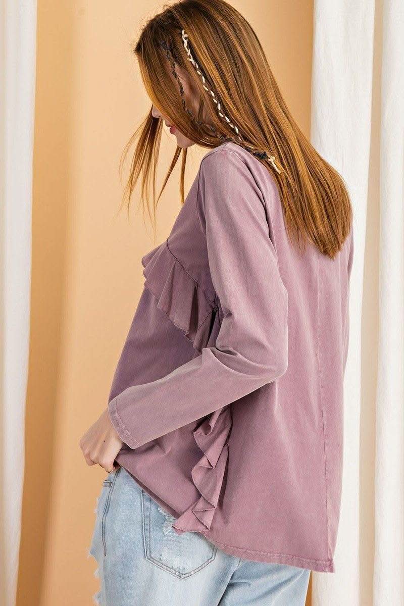 Long Sleeve Ruffled Detailing Oil Washed Knit Tunic - Fit Me For 20