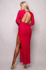Long Sleeve V Neck Open Back Maxi Dress - Fit Me For 20
