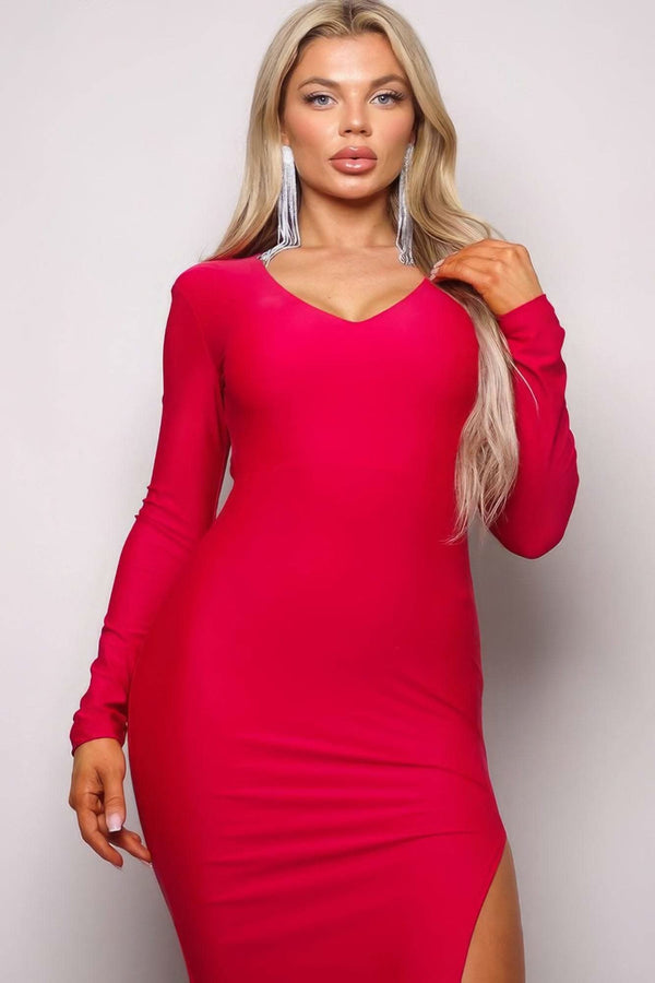 Long Sleeve V Neck Open Back Maxi Dress - Fit Me For 20