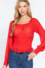 Long Slv Smocked Chiffon Top - Fit Me For 20