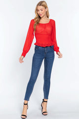 Long Slv Smocked Chiffon Top - Fit Me For 20